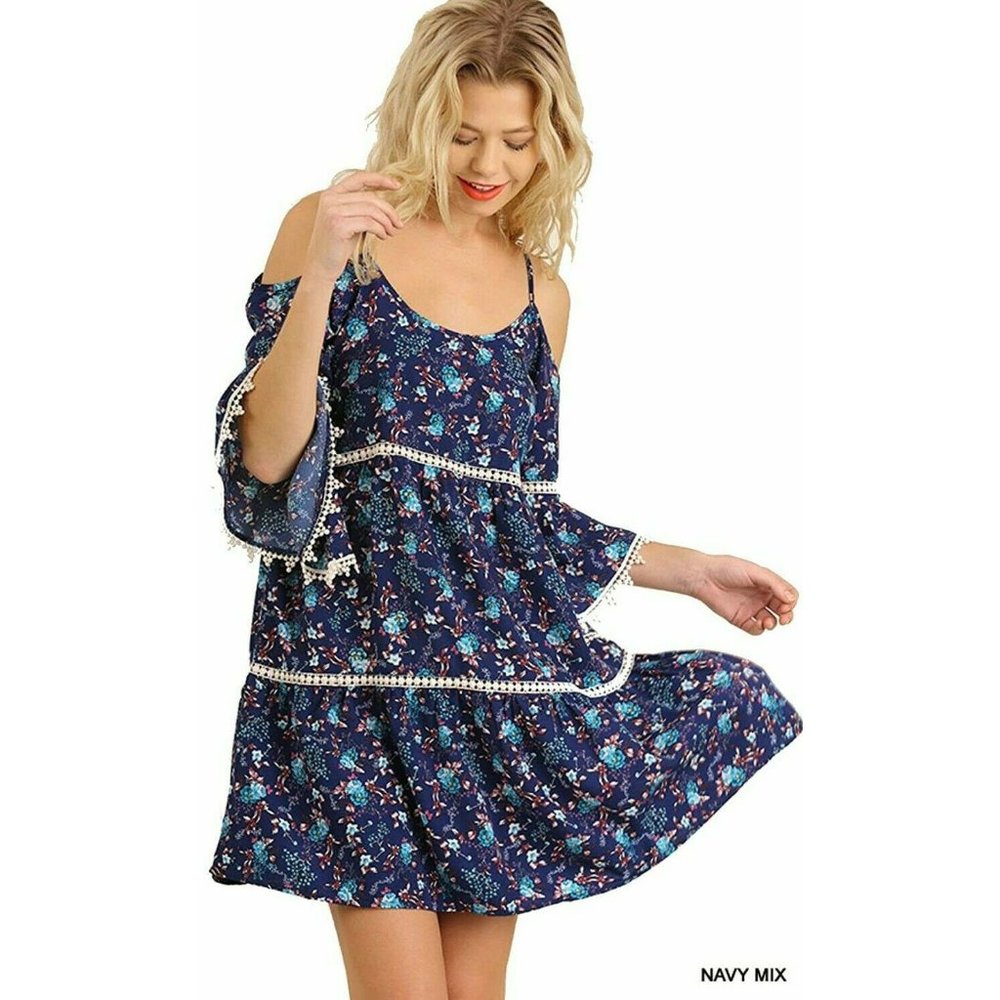 Umgee Women Floral Print Cold Shoulder Bell Sleeves Dress -- Navy Mix NEW